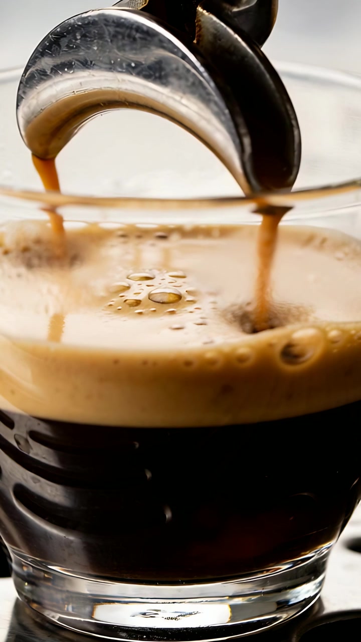Video verticale: Inizio dell'erogazione, doppio beccuccio che versa l'espresso in un bicchierino al bar, formando la crema.