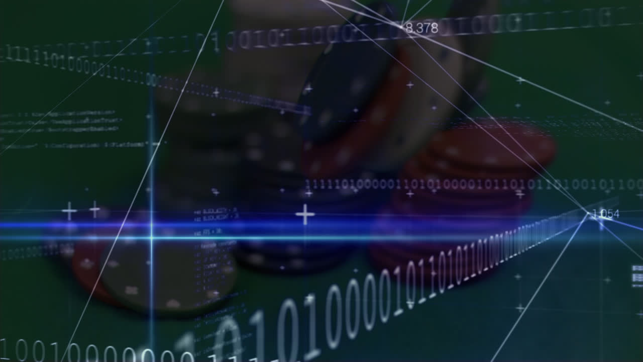 animación del procesamiento de datos y codificación binaria sobre fichas de casino