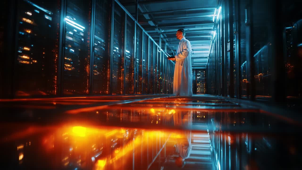 A solitary figure in a futuristic, illuminated corridor, wearing a flowing robe, stands amidst glowing lights and reflective surfaces, embodying a blend of technology and tranquility in a sophisticated environment