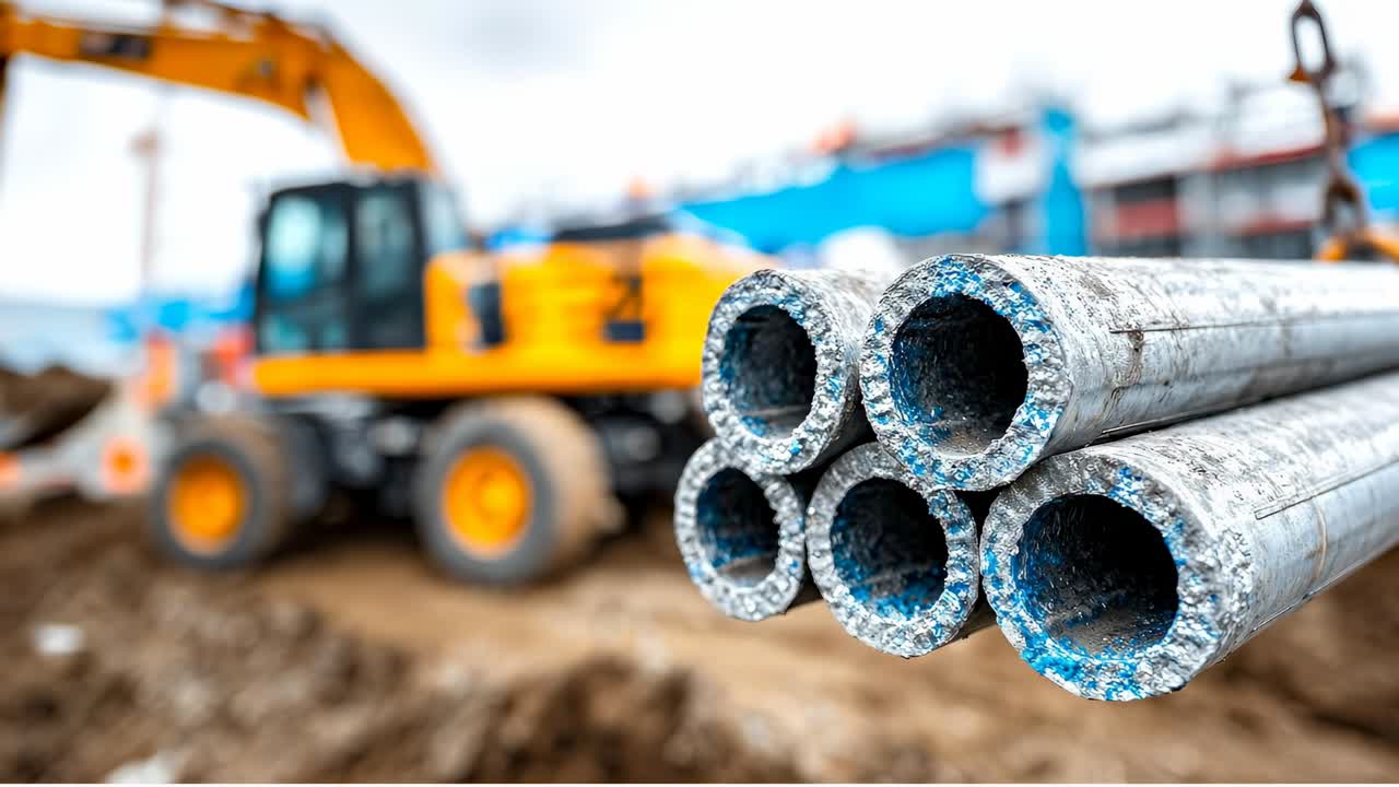 Area di costruzione con tubi. Tubi metallici impilati in un cantiere mentre una macchina lavora sullo sfondo in una giornata nuvolosa.