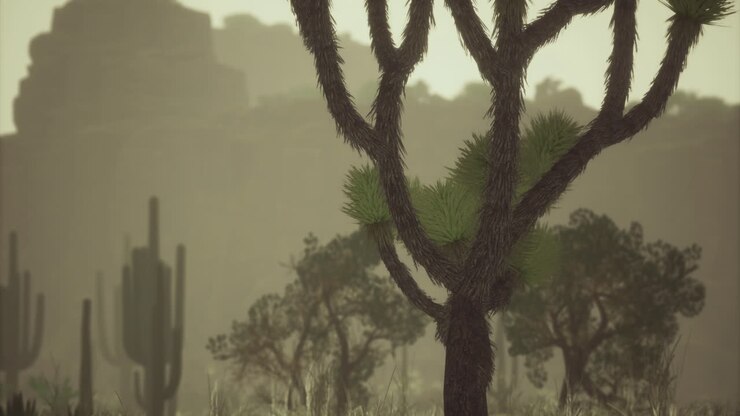 Exploring a serene desert landscape under muted light with unique flora