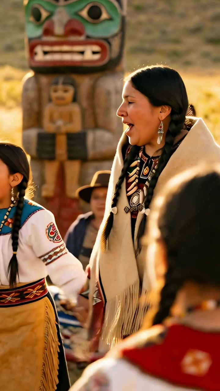 Vídeo vertical: Mulher indígena de mãos dadas cantando em ritual, com xale de franjas perto de um totem.