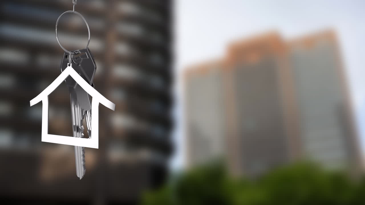 Animación de llaves plateadas y una casa sobre un paisaje urbano