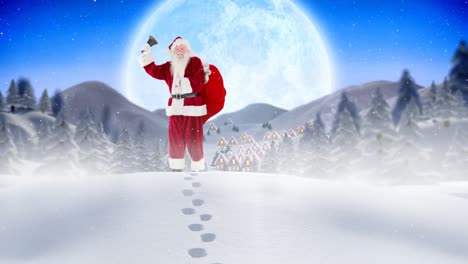 Snow-falling-over-santa-claus-holding-a-christmas-bell-standing-on-winter-landscape