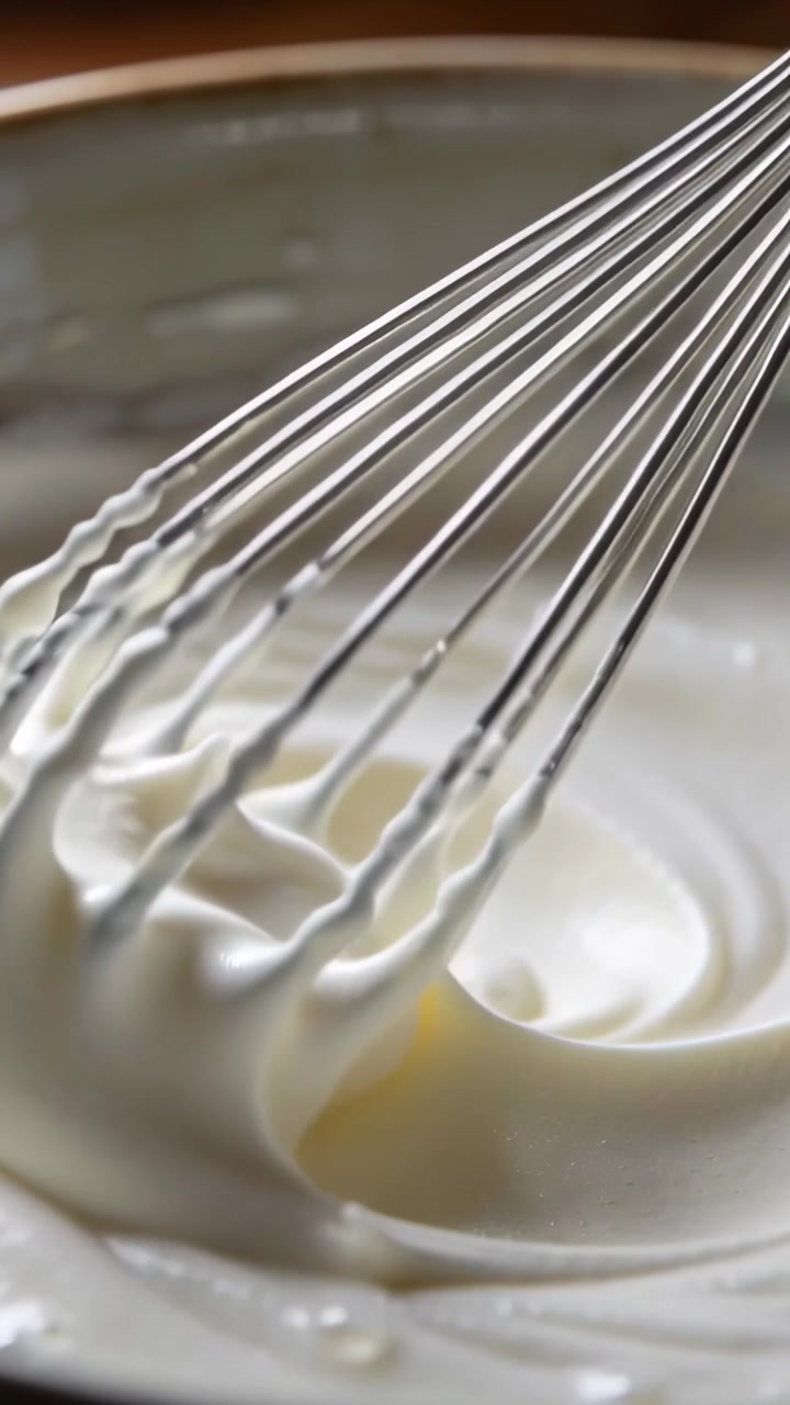 Vertical video: Entering shallow ceramic bowl, balloon whisk aerating white mixture, forming peaks