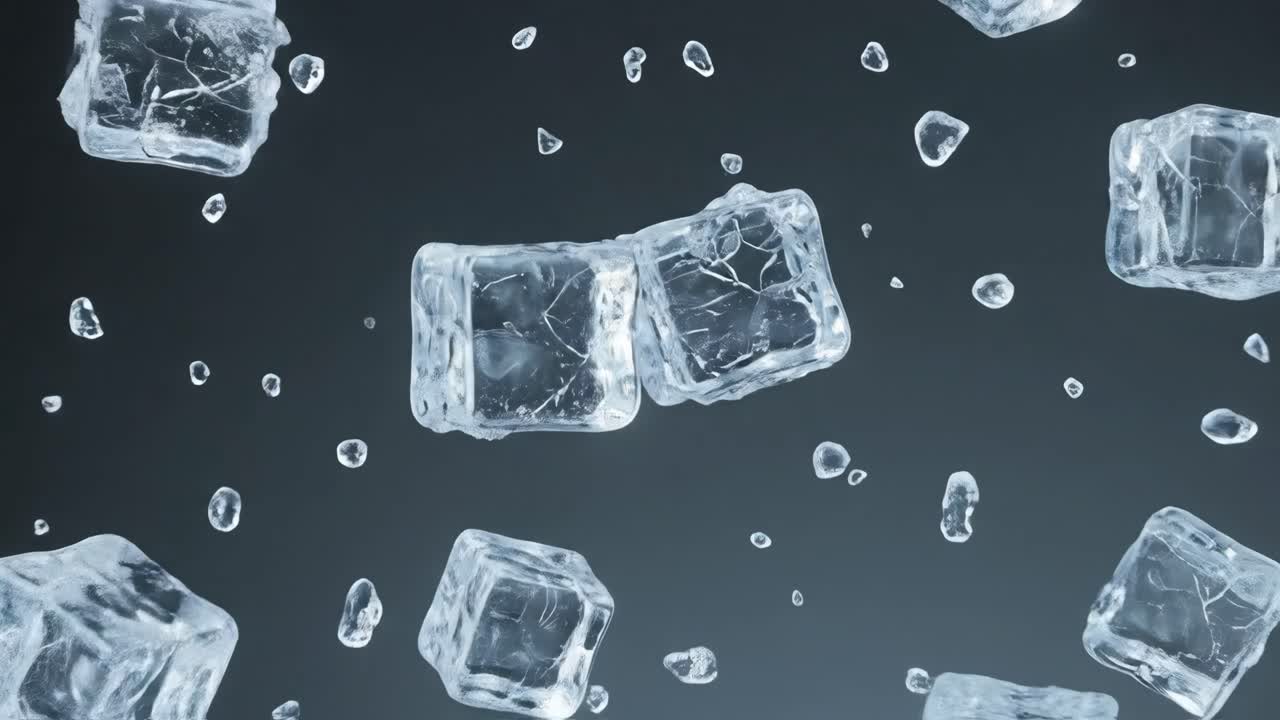 Dynamische Eiswürfel und Wassertropfen, schwebend und explodierend