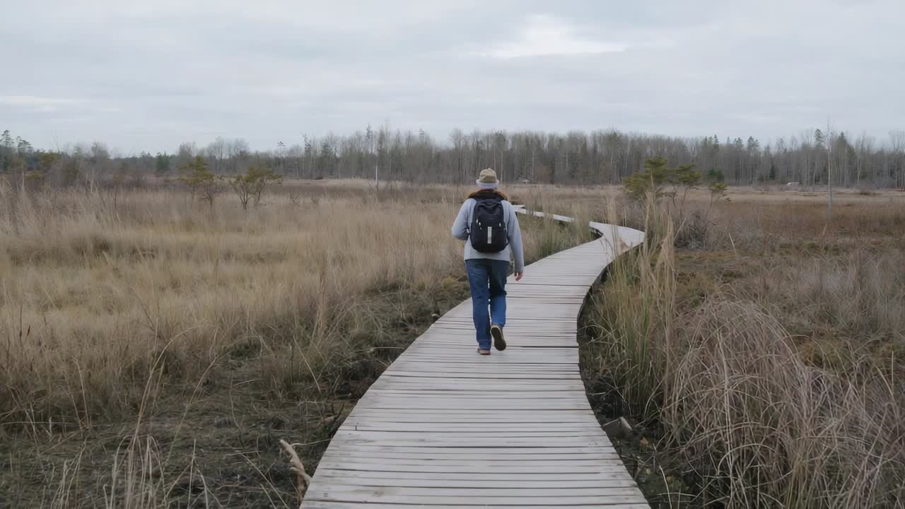 Walking man wearing brimmed hat and backpack following wooden boardwalk through marsh to treeline