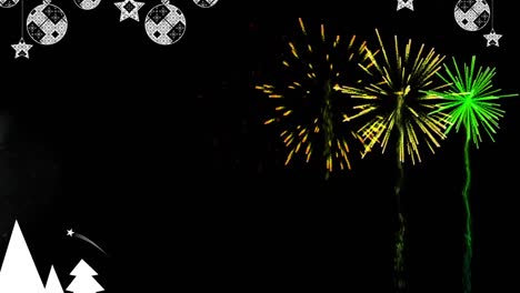 animación de fuegos artificiales y copos de nieve que caen en el paisaje de invierno