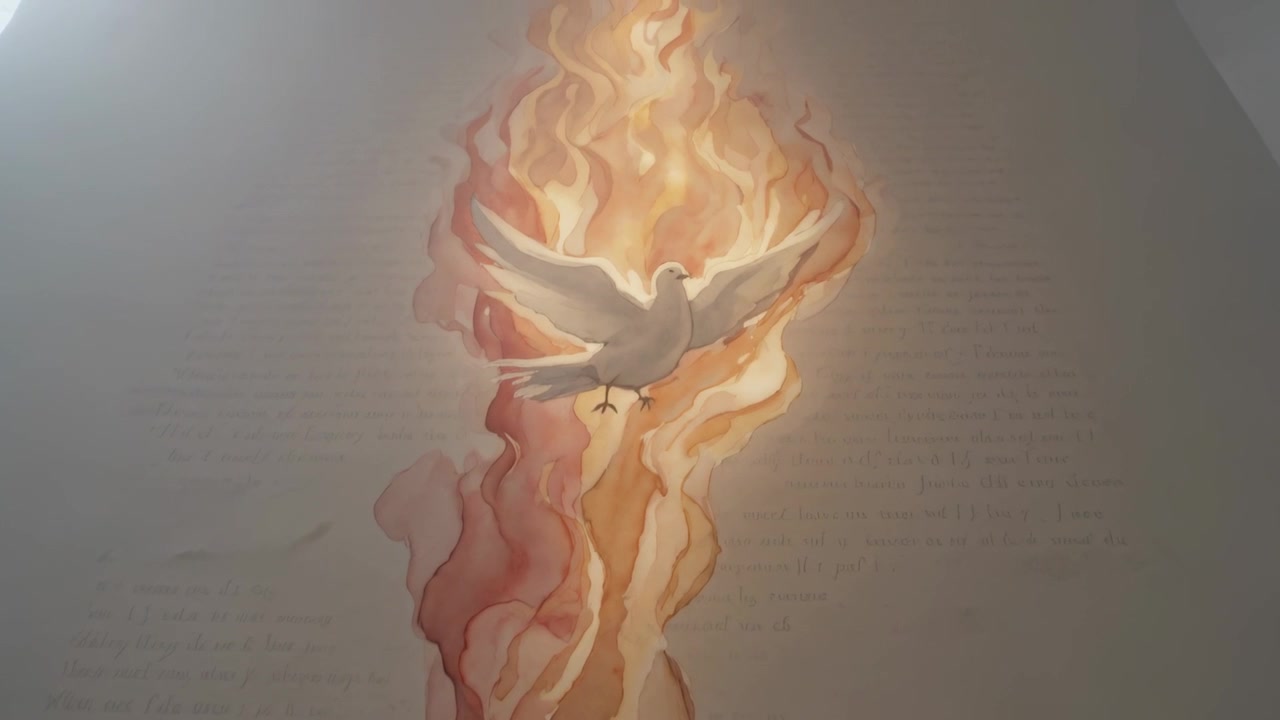 Tilting camera centering painted white dove in room, revealing stylized flames and warming colors