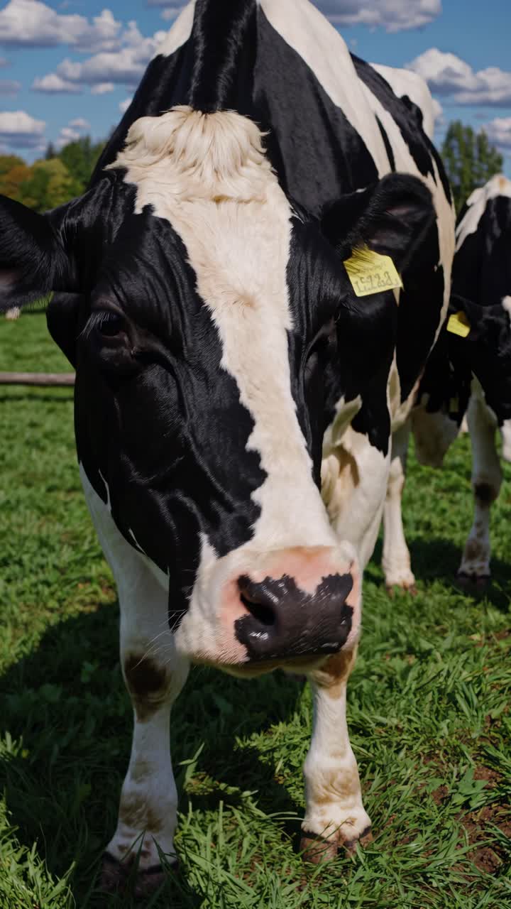 Primer plano de una vaca en un pastizal verde, capturado desde un ángulo bajo