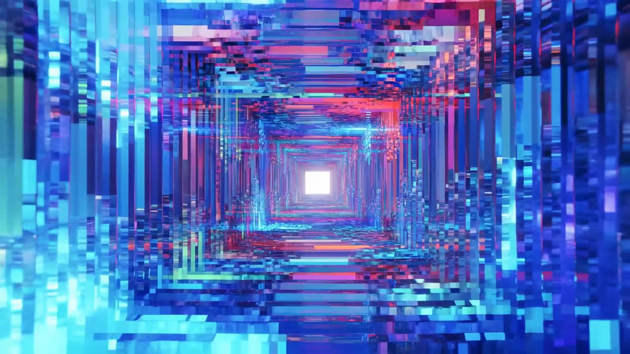 Wiederholende glasartige Paneele und verspiegelte Säulen bilden einen symmetrischen Korridor mit geschichteter rechteckiger Struktur, leuchtend weißer Mitte, Cyan- und Violett-Reflexionen, starker Tiefe und einem eleganten abstrakten Aussehen.