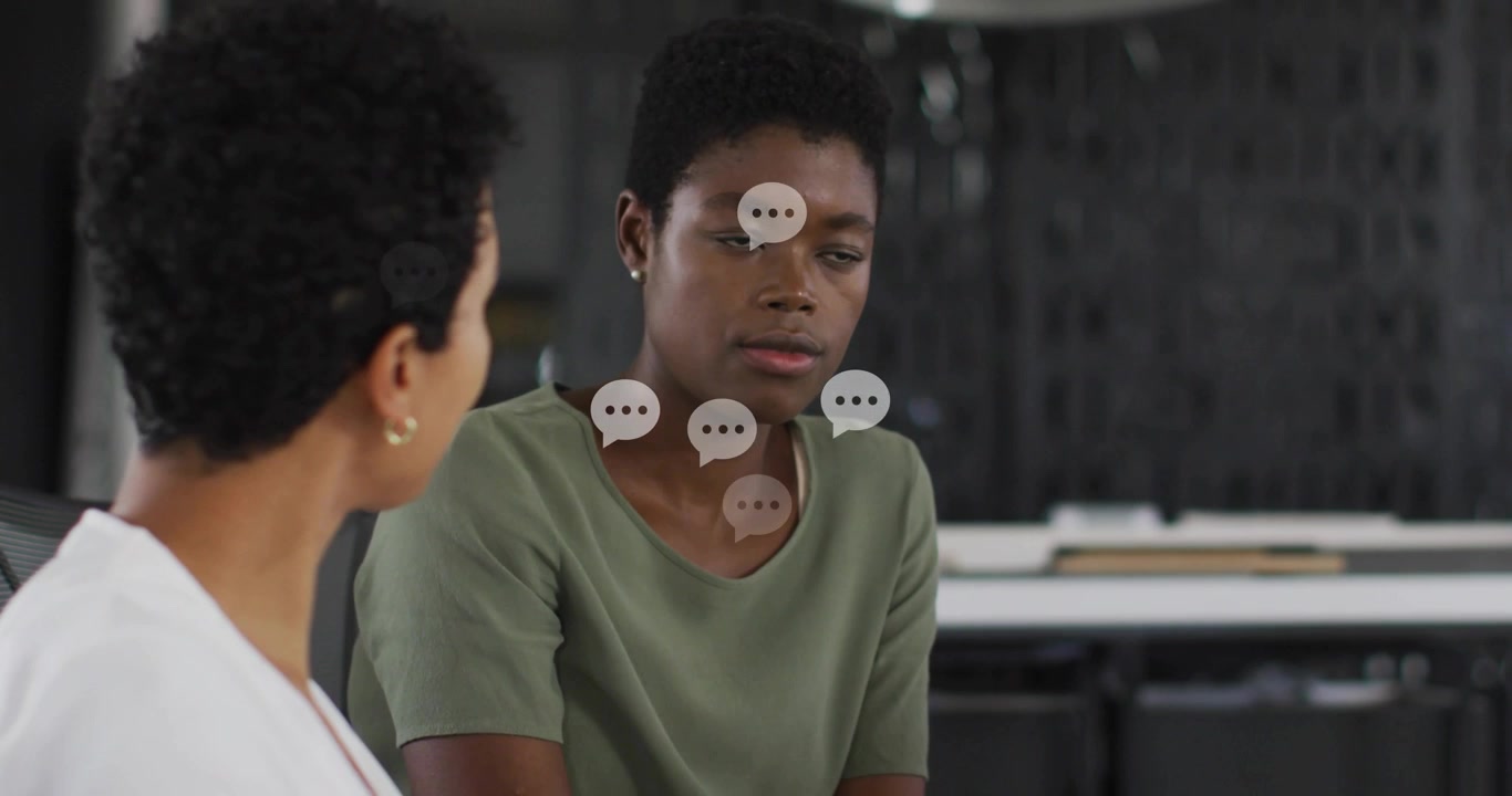 Office colleague speaking sparking chat-bubble icons visualizing absorption and guiding response