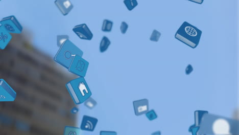 Floating-social-media-icons-in-blue-sky-animation,-representing-online-connectivity