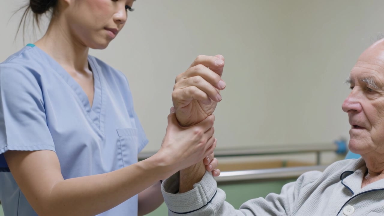 Infermiera che prende la mano del paziente e stabilizza il polso, guidando l'avambraccio in clinica per la riabilitazione, in divisa medica.