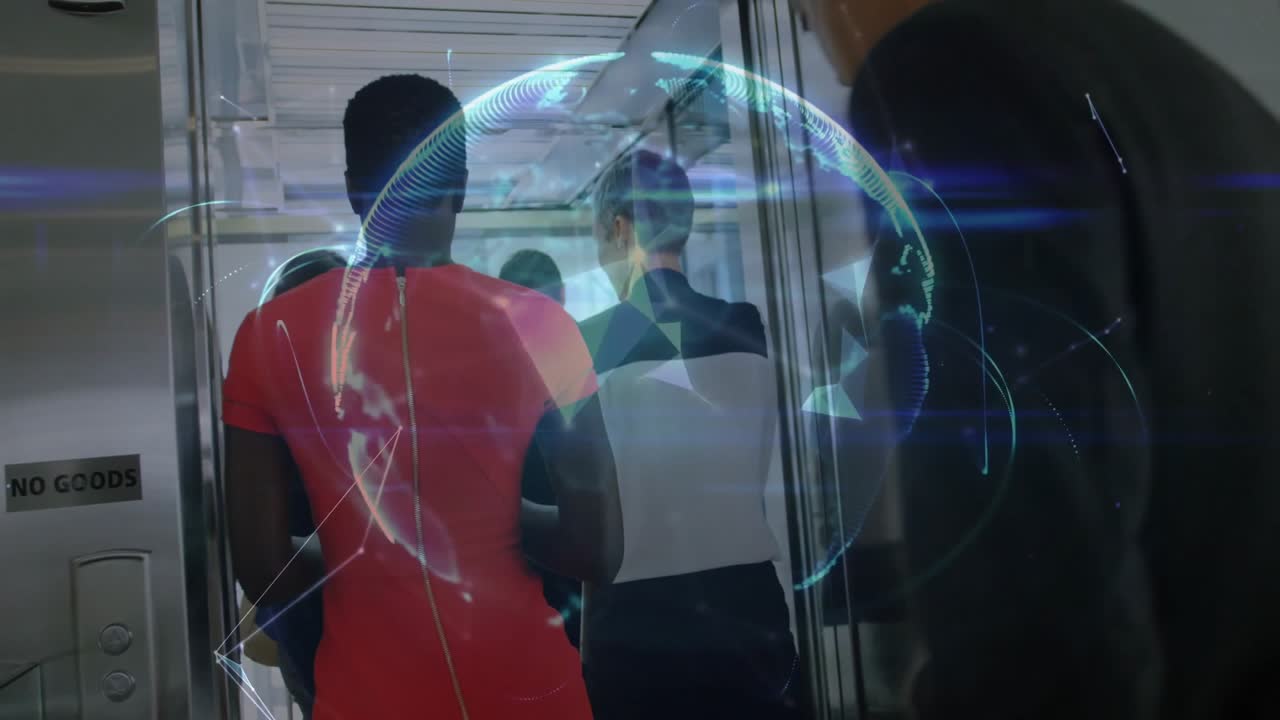 Corporate team stepping through NO GOODS sliding door activating shapes merging into globe