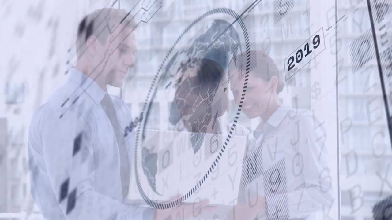 Shaking hands, business professionals with digital world map and animation overlay