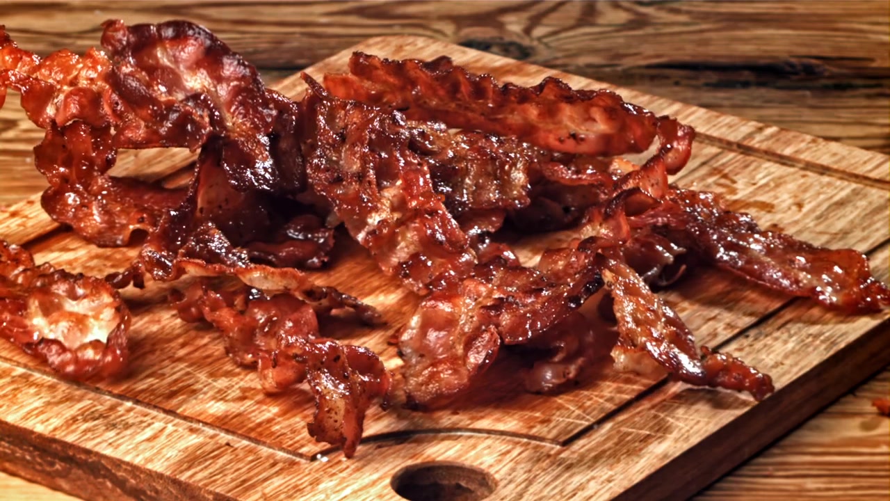 Caduta al rallentatore di bacon croccante su un tagliere di legno