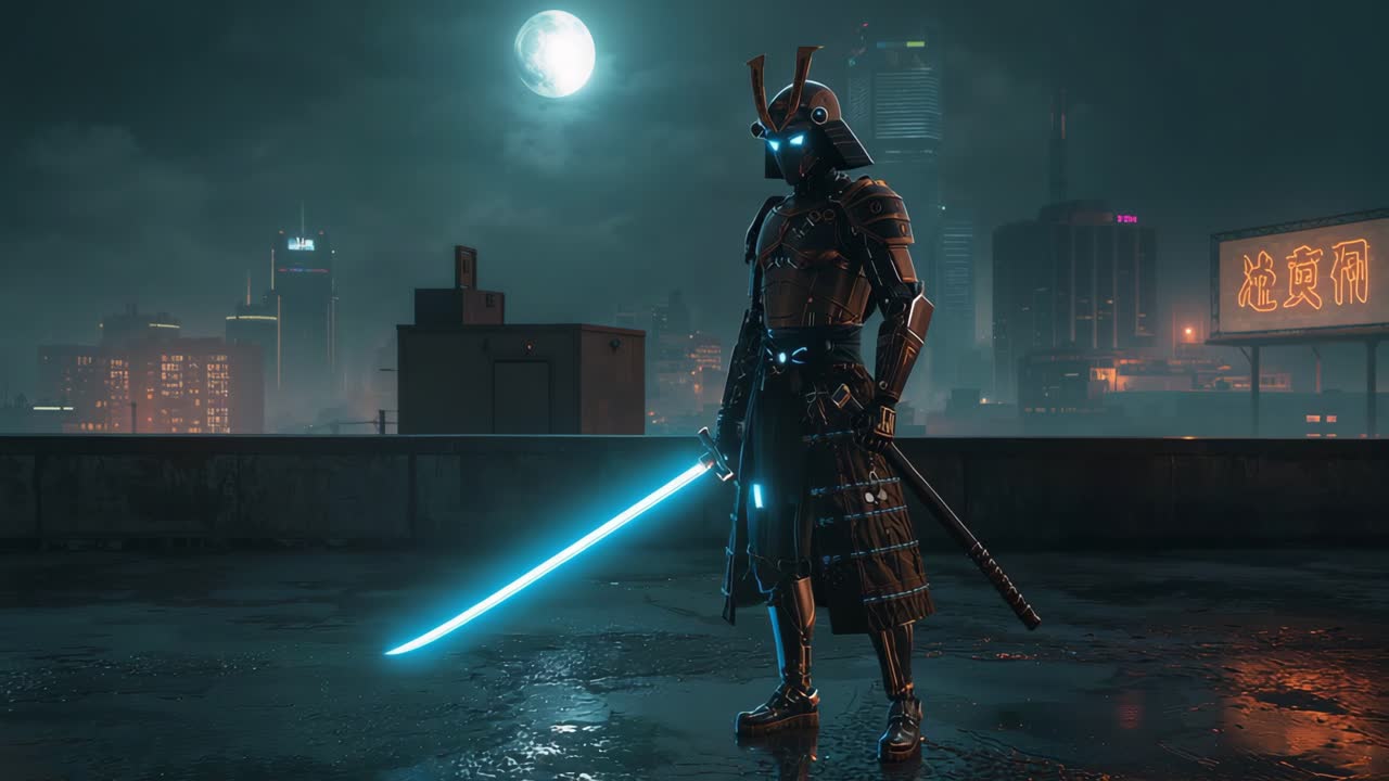 Futuristic Samurai in a Cyberpunk City at Night