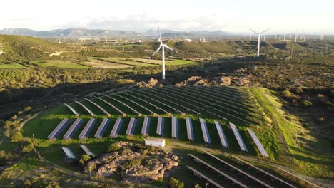 green energy concept, photovoltaic solar panel farm and windmill, aerial drone