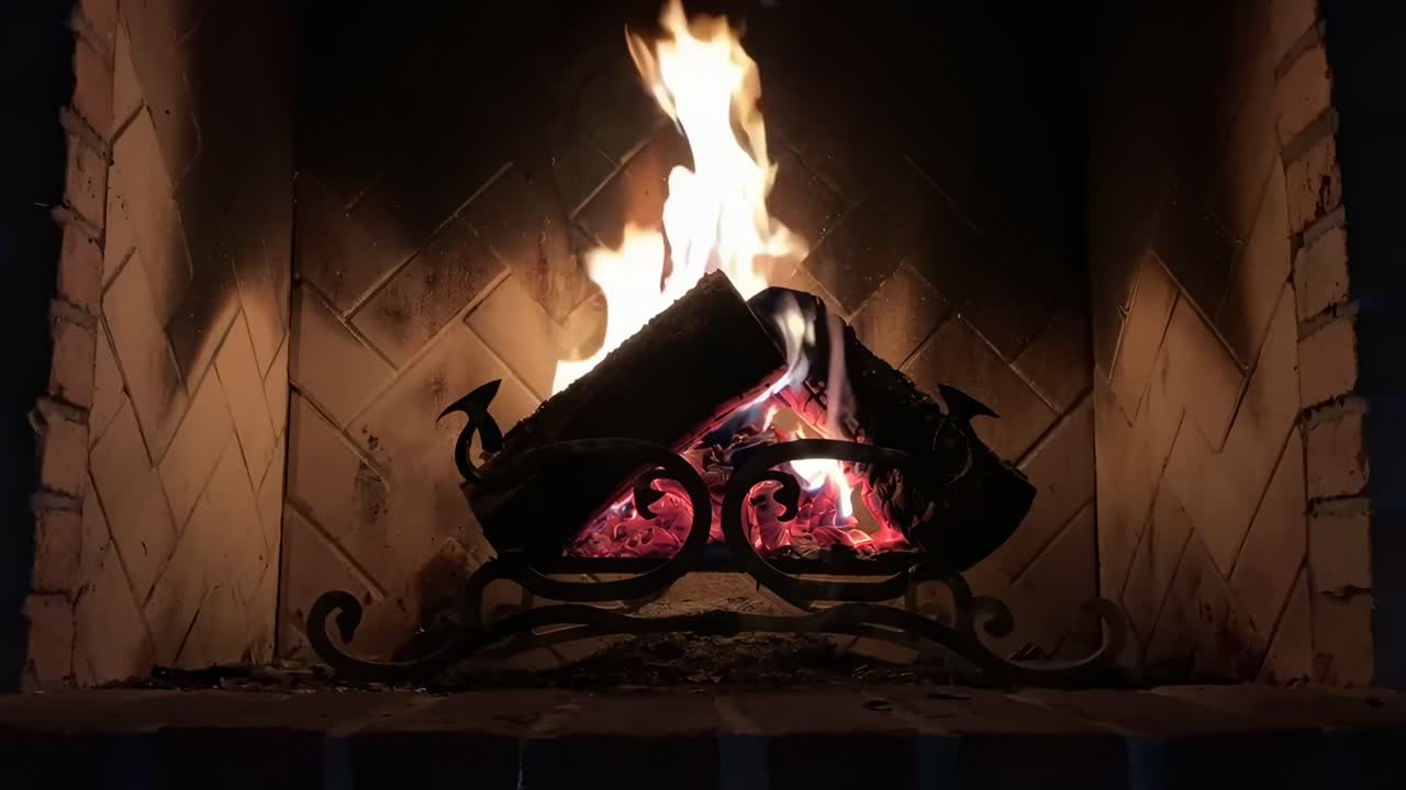 Vídeo acogedor de chimenea con un ángulo de cámara en primer plano, que captura las llamas cálidas y las brasas brillantes