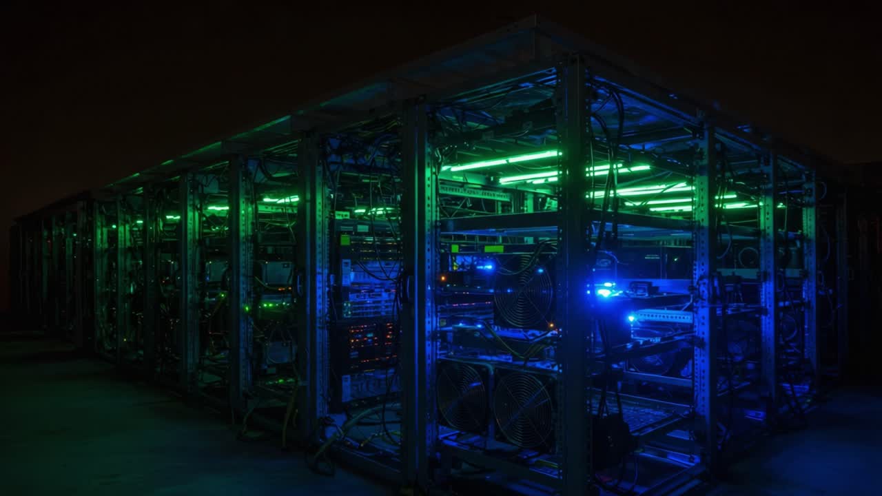 A high-tech server farm illuminated by vibrant green and blue lights, showcasing rows of complex equipment and network connections in a captivating nighttime setting