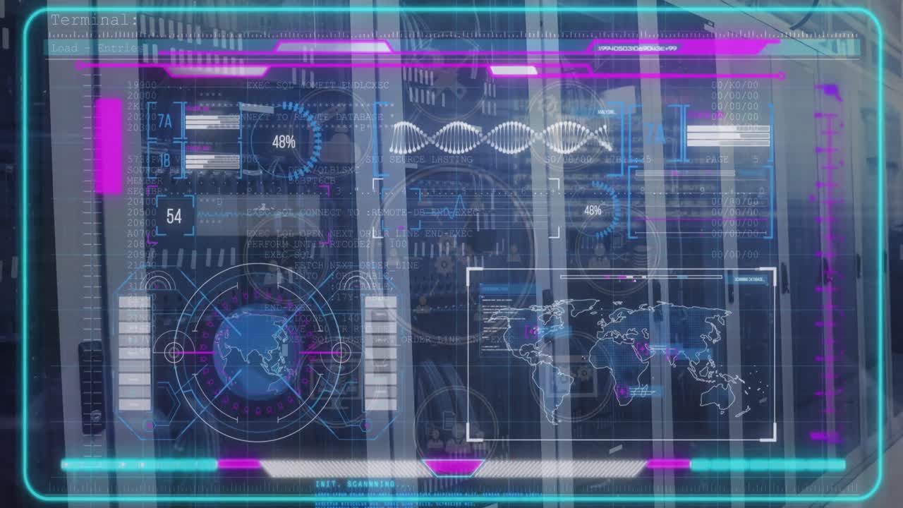 animación del patrón abstracto y la interfaz infográfica contra la sala de servidores en segundo plano