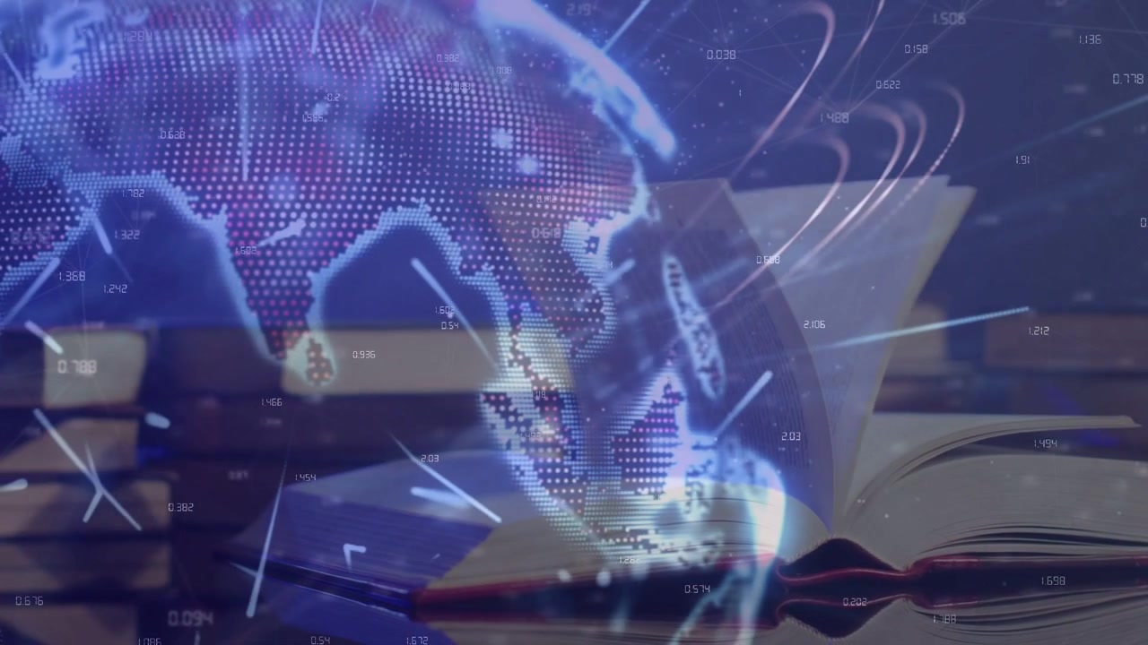 Overlay activating, dotted globe rotating right while streaks and data mapping open book pages