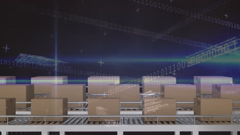 animation of data processing over boxes on conveyor belt