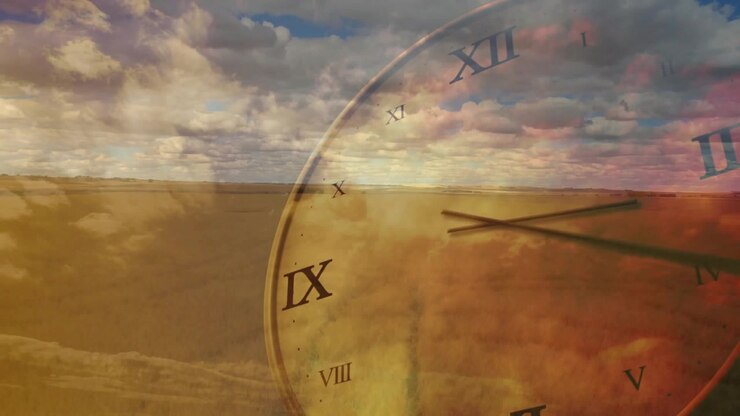 Quadrante di orologio appena visibile con lancette che ruotano sull'orizzonte all'alba calda, numeri romani che segnano il tempo