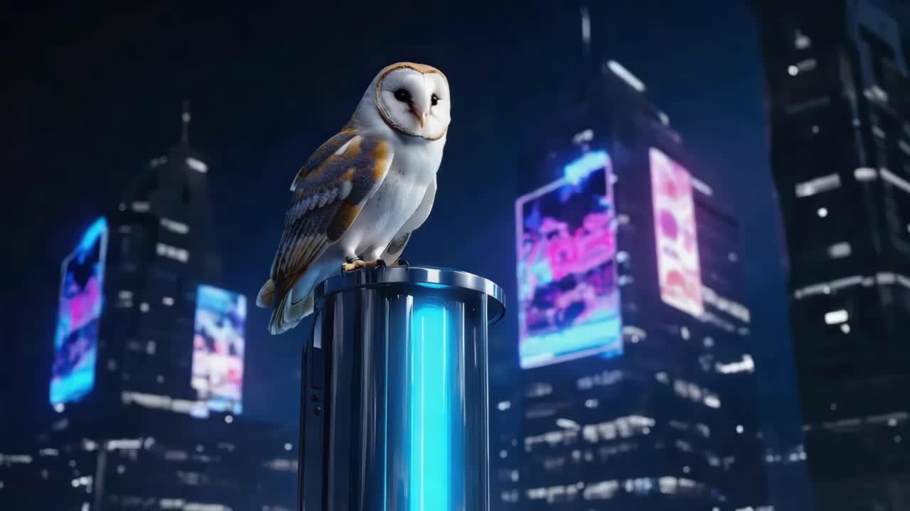 Barn Owl Perched in Futuristic Cityscape at Night