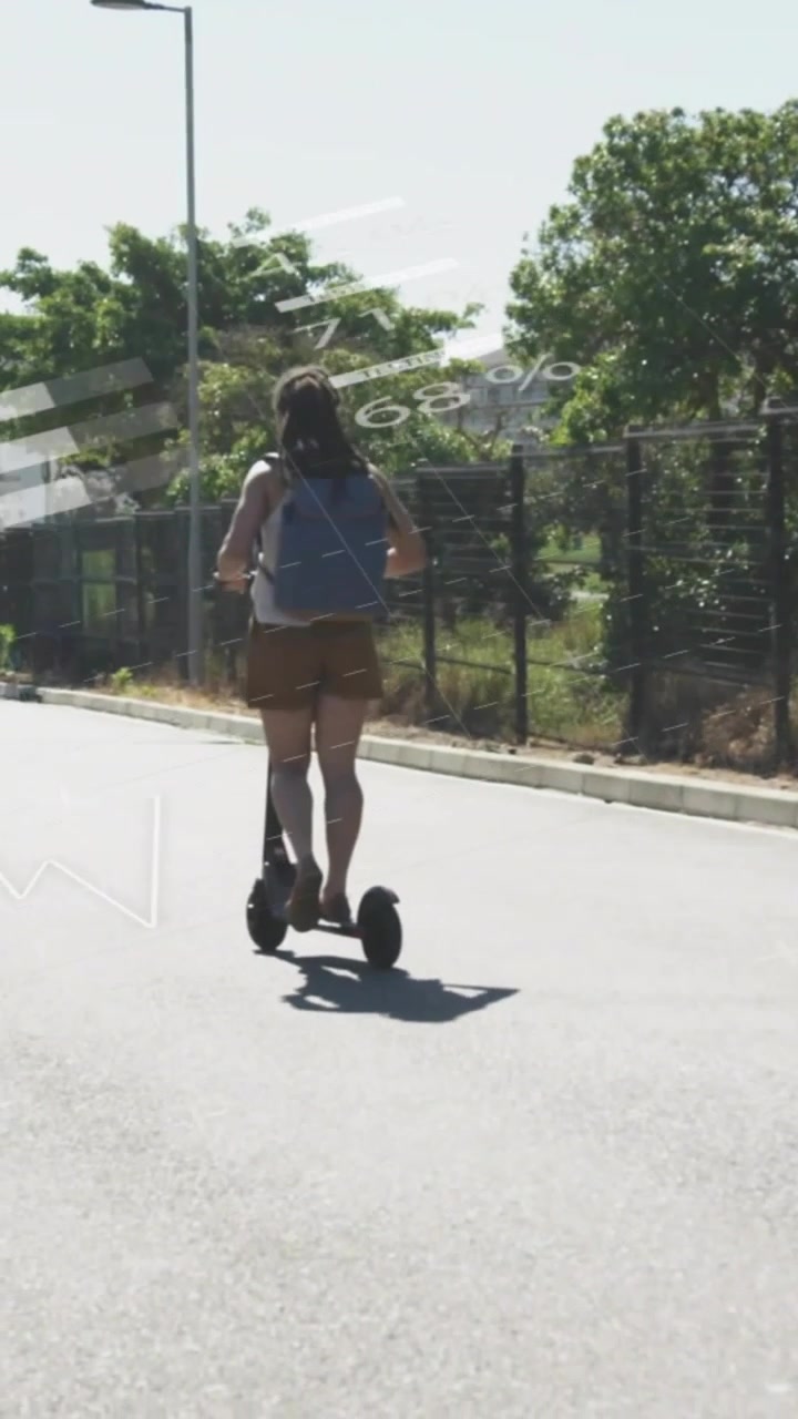 Vertical video: Tap starting woman riding scooter down street while overlays rising for commute