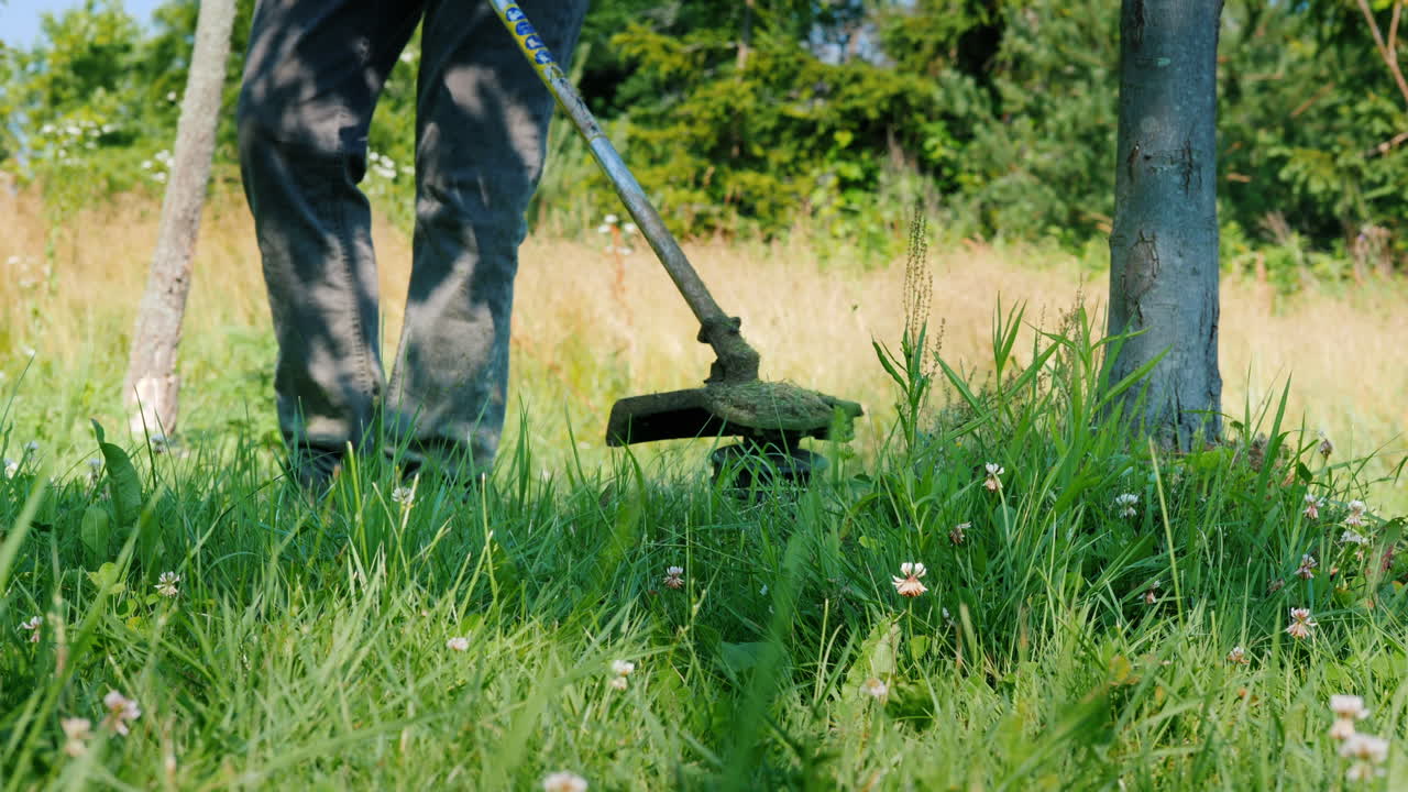 트리머 헤드는 회전 라인 클로즈업 샷으로 잔디를 깎습니다.