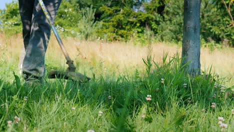 trimmer head mows grass with a rotating line close-up shot