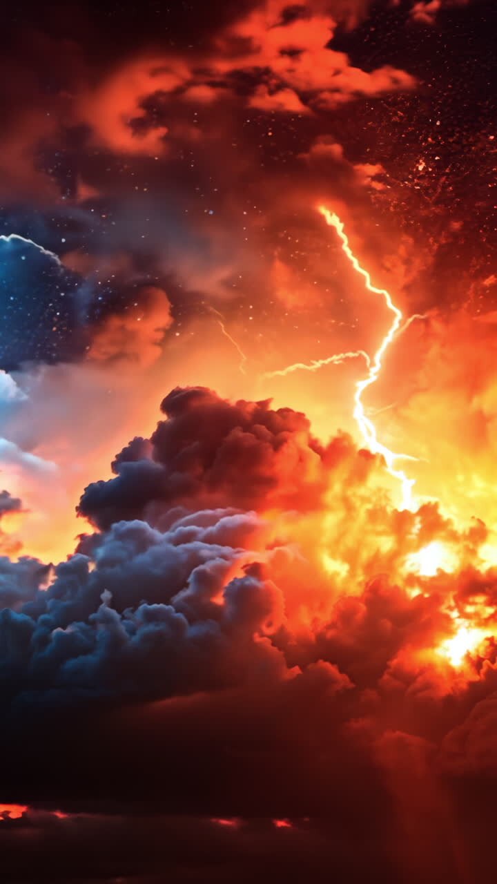 A stormy sky with red and blue clouds and lightning bolts. The sky is filled with a sense of danger and excitement