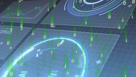 displaying glowing circular hud element centered over grid panels with cascading binary digits