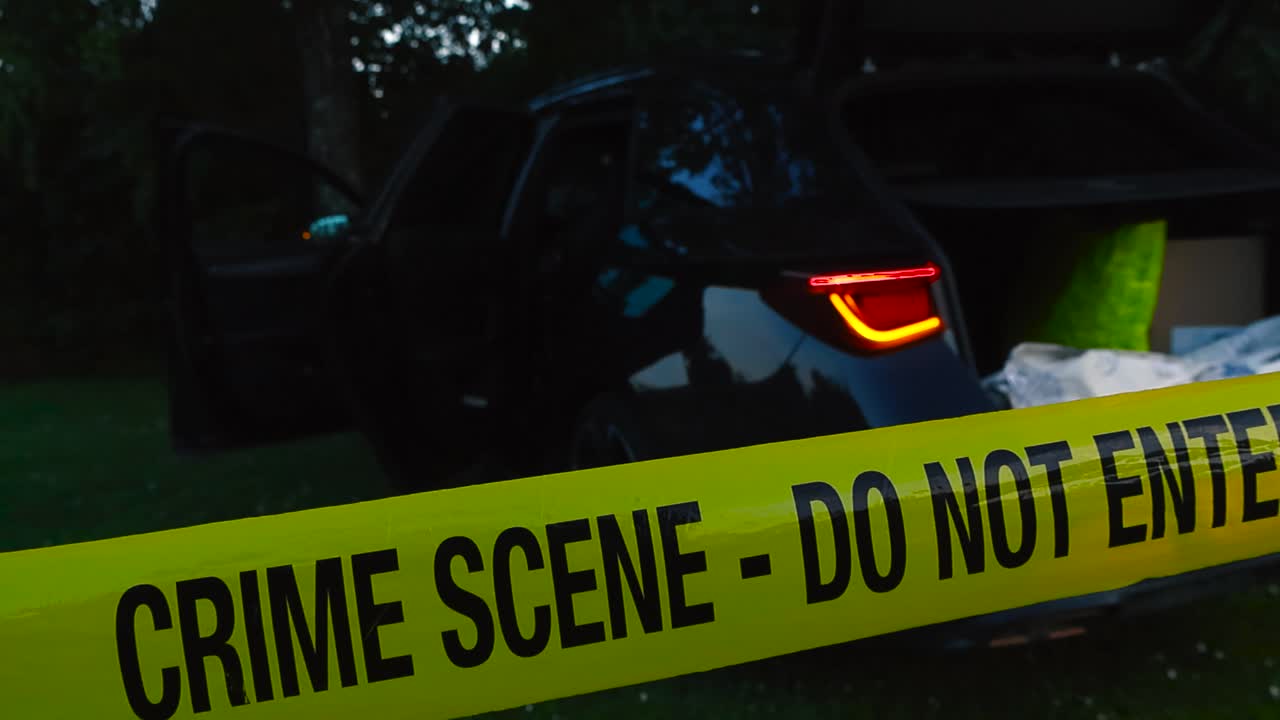 Close up or closeup of a yellow vibrant colored Crime Scene Do Not Enter police tape ribbon pulled in front of a crashed black sedane car vehicle in a evening forest, car indicator lights are blinking