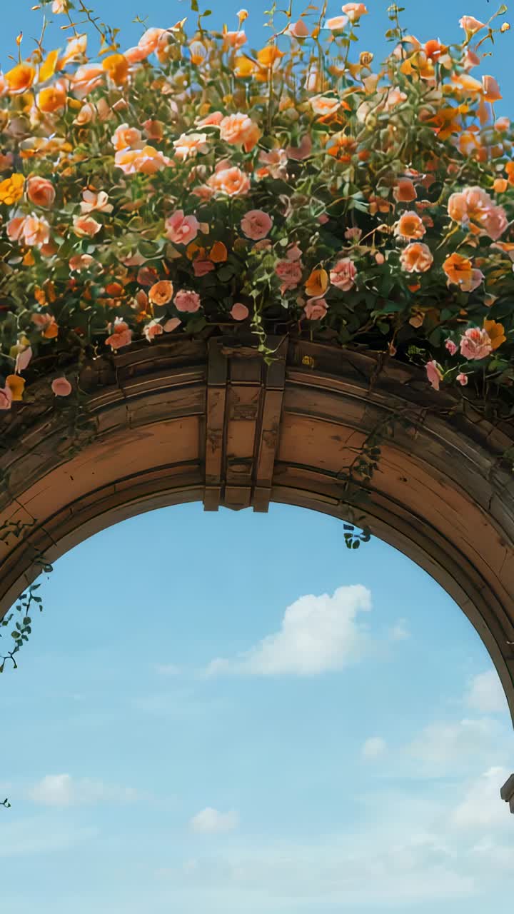 Video verticale: rose color pesca ondeggianti sopra un arco di pietra per via della brezza, mentre la camera si alza mostrando le nuvole