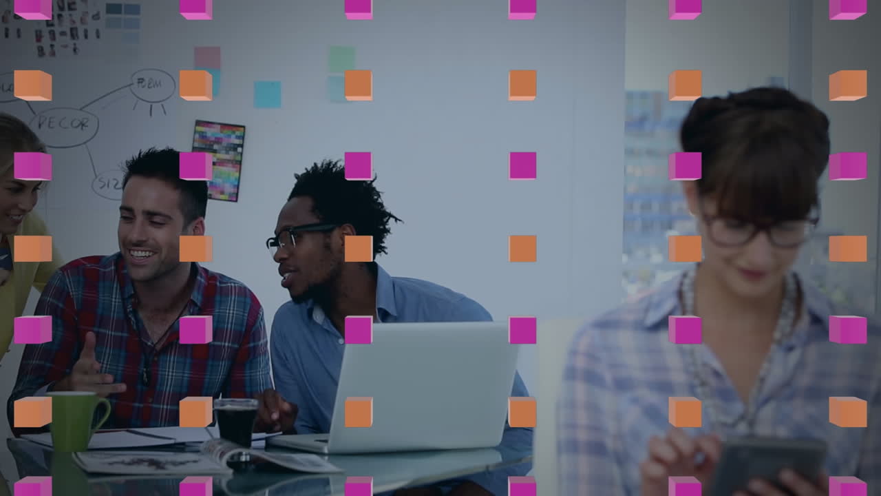 Animation of pattern and neon shape over diverse business people in office
