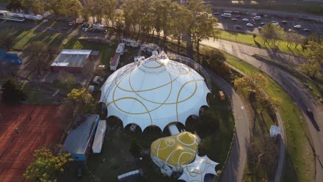 Aerial-orbit-over-Anima-Circus-tent-in-Sarmiento-Park-at-Buenos-Aires,-Argentine