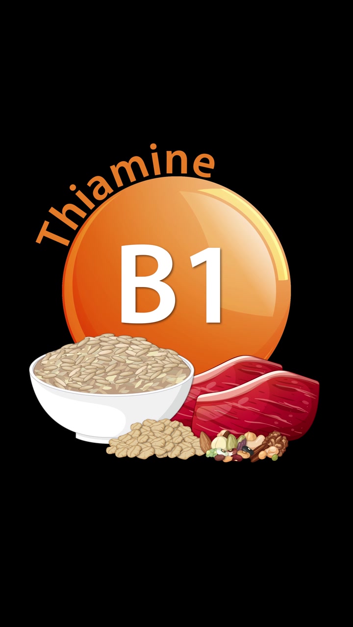 Orange B1 Thiamine icon animates in with text, followed by gradual appearance of rice, meat, legumes, and grains on a black background