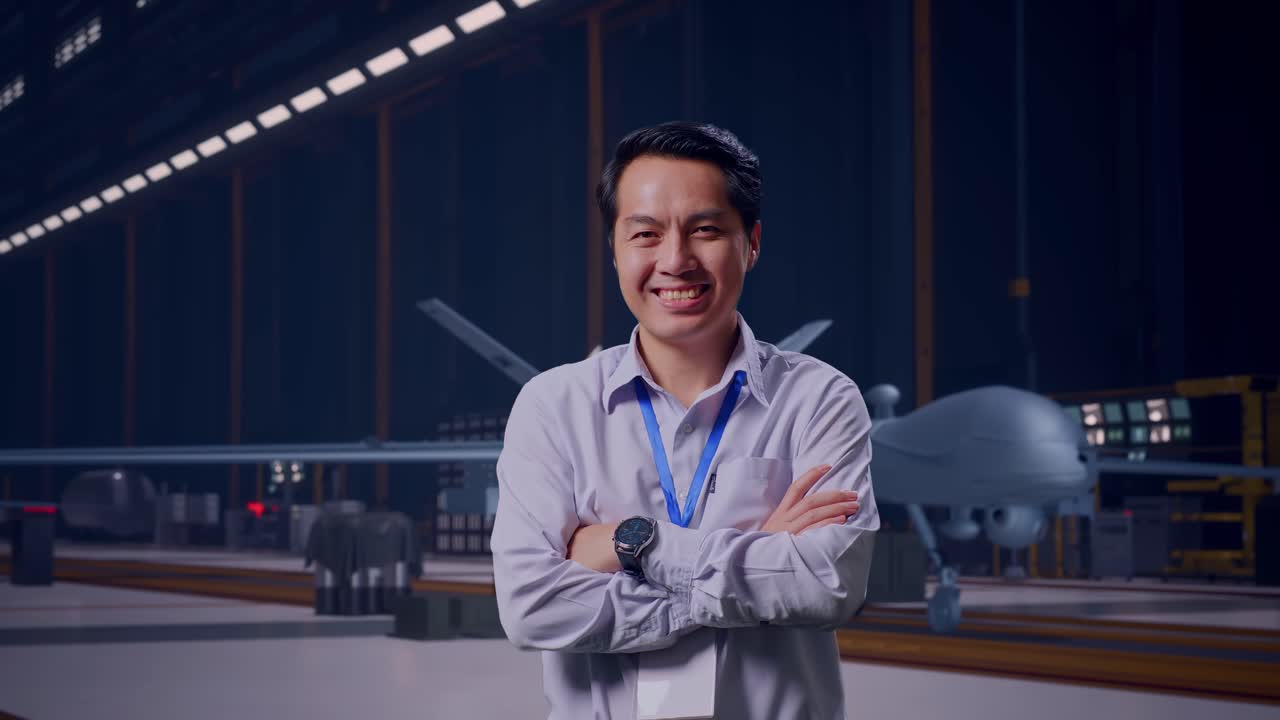 Gambar Menangkap Seorang Pekerja Profesional Pria Asia Berdiri, Drone Militer Modern di Hanggar Perawatan, Senyum Lebarnya ke Kamera dan Menyilangkan Lengan di Dada