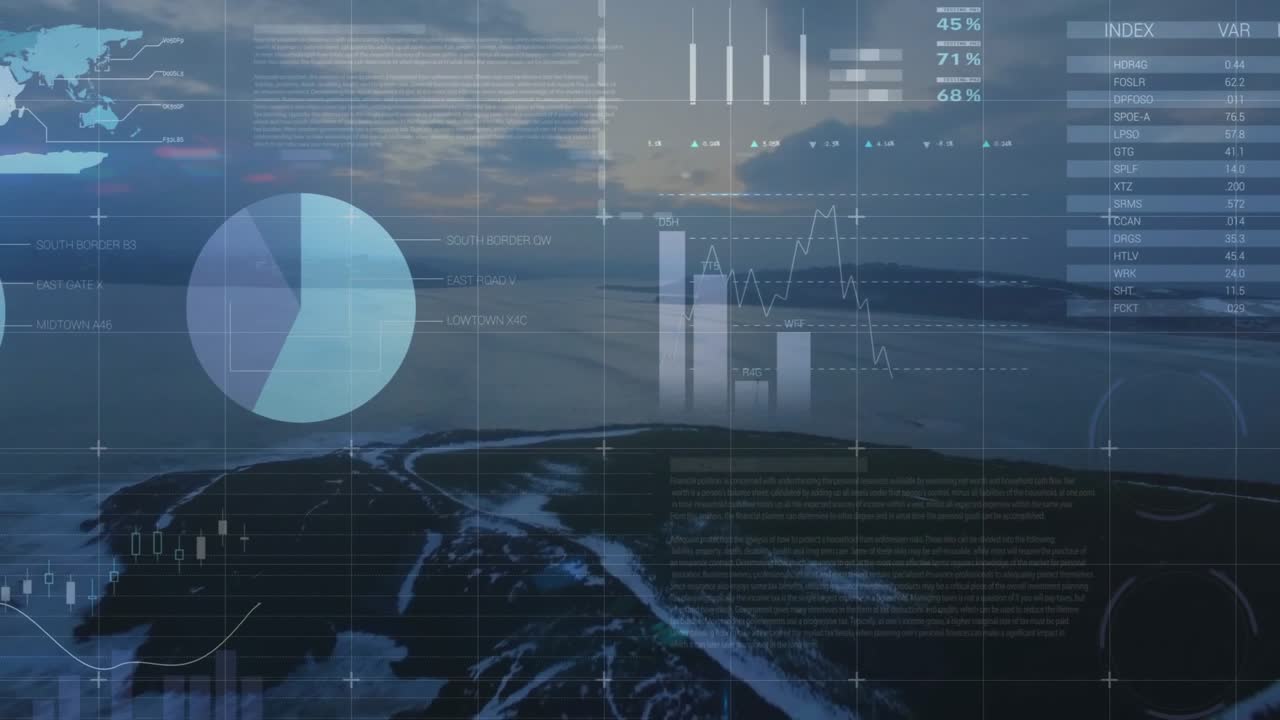 Grid and bar or line charts fading in, HUD overlay animating, visualizing datasets over coastal dusk