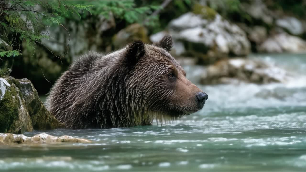 Un orso grizzly si gode una nuotata rinfrescante in un fiume cristallino, circondato da una vegetazione lussureggiante, catturando un momento di serenità nell'abbraccio della natura.