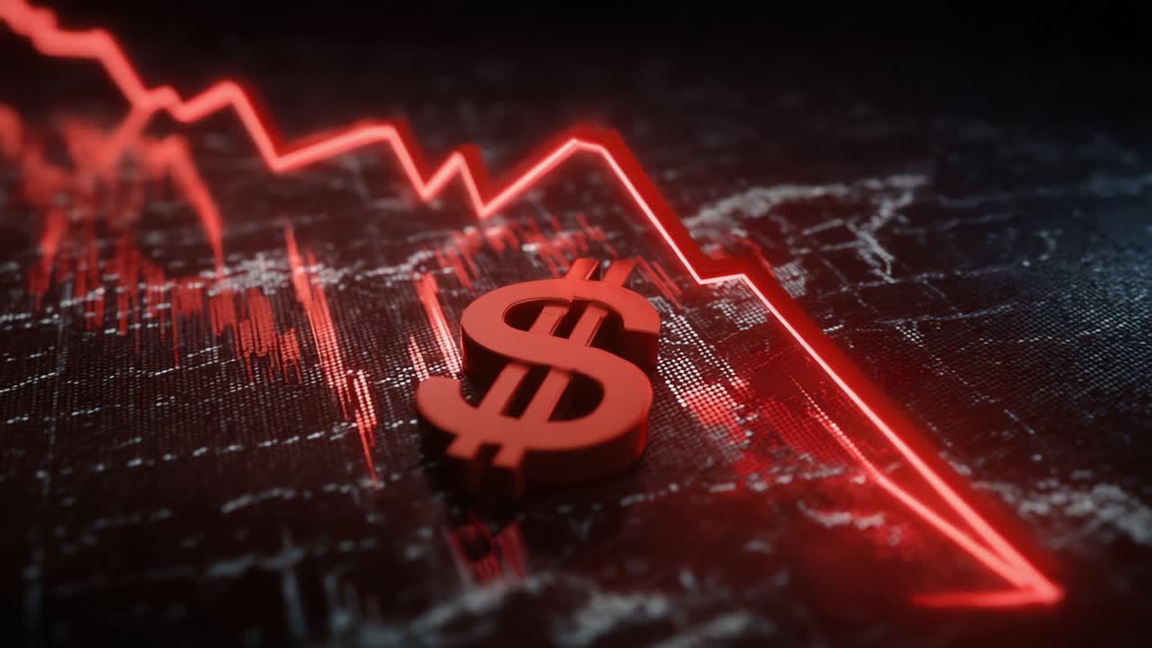 Dramatic Decline in Financial Markets Represented by a Red Downward Trendline and Dollar Symbol Highlighting Economic Challenges and Market Volatility