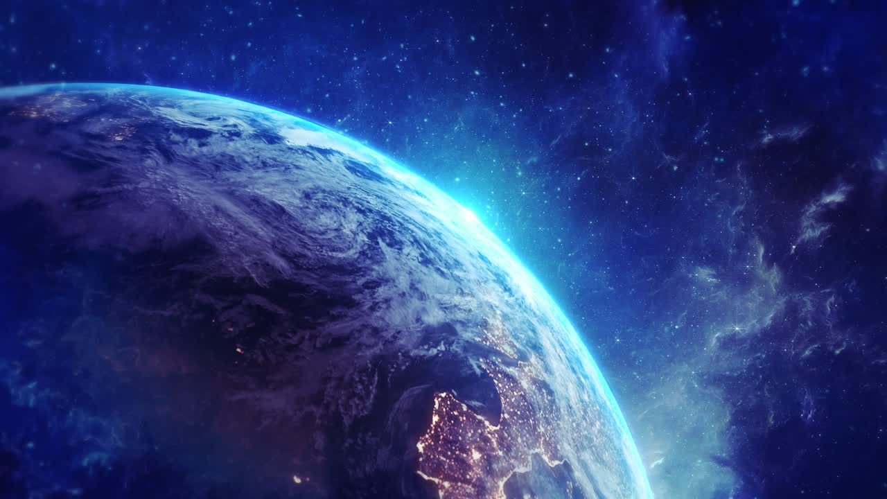 Stylizowana Ziemia, świecące światła miast, kolorowa atmosfera mgławicy w głębokiej przestrzeni kosmicznej do wizualizacji kinowych.