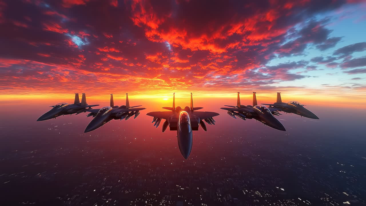 Jets in formation at sunset. Five fighter jets soar gracefully through a vibrant sunset sky, showcasing aerial prowess and teamwork