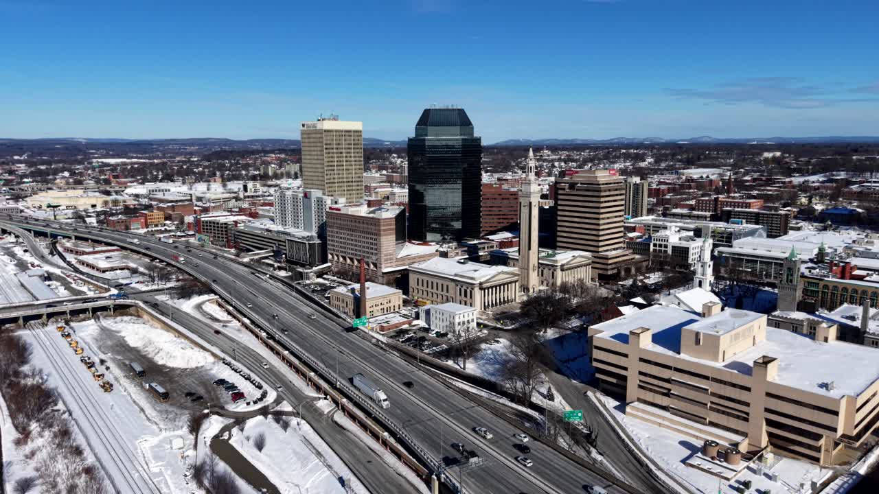 Aerial panoramic establishing downtown Springfield Massachusetts and I-91 highway