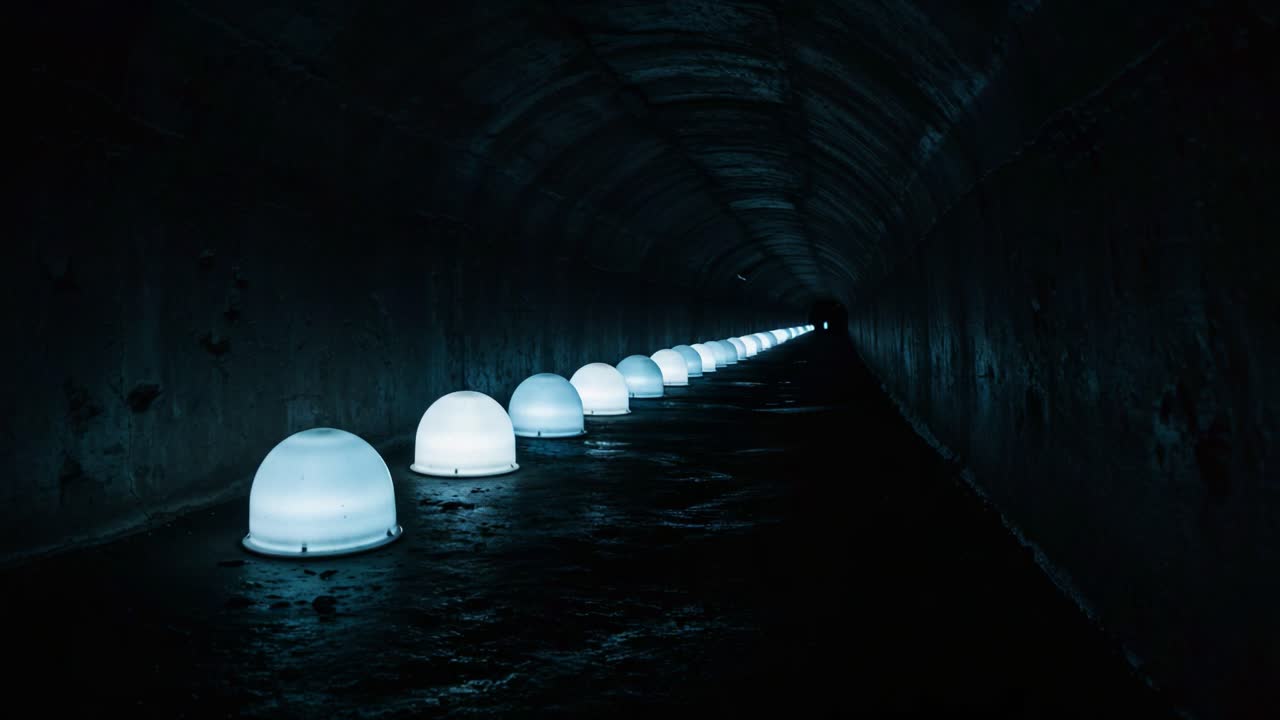 A Serene Journey through a Dimly Lit Tunnel with Glowing orbs that Reflect a Mysterious Atmosphere and Guide the Way Forward in the Darkness
