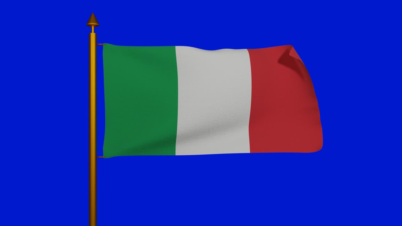 Bandiera nazionale italiana che sventola, rendering 3D con asta su sfondo chroma key. Bandiera italiana o il Tricolore, la prima bandiera tricolore a coccarda della Repubblica Italiana.