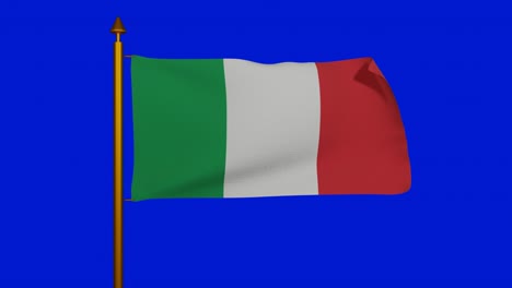 national flag of italy waving 3d render with flagpole on chroma key, italian flag or il tricolore bandiera ditalia, first tricolour cockade flag italian republic